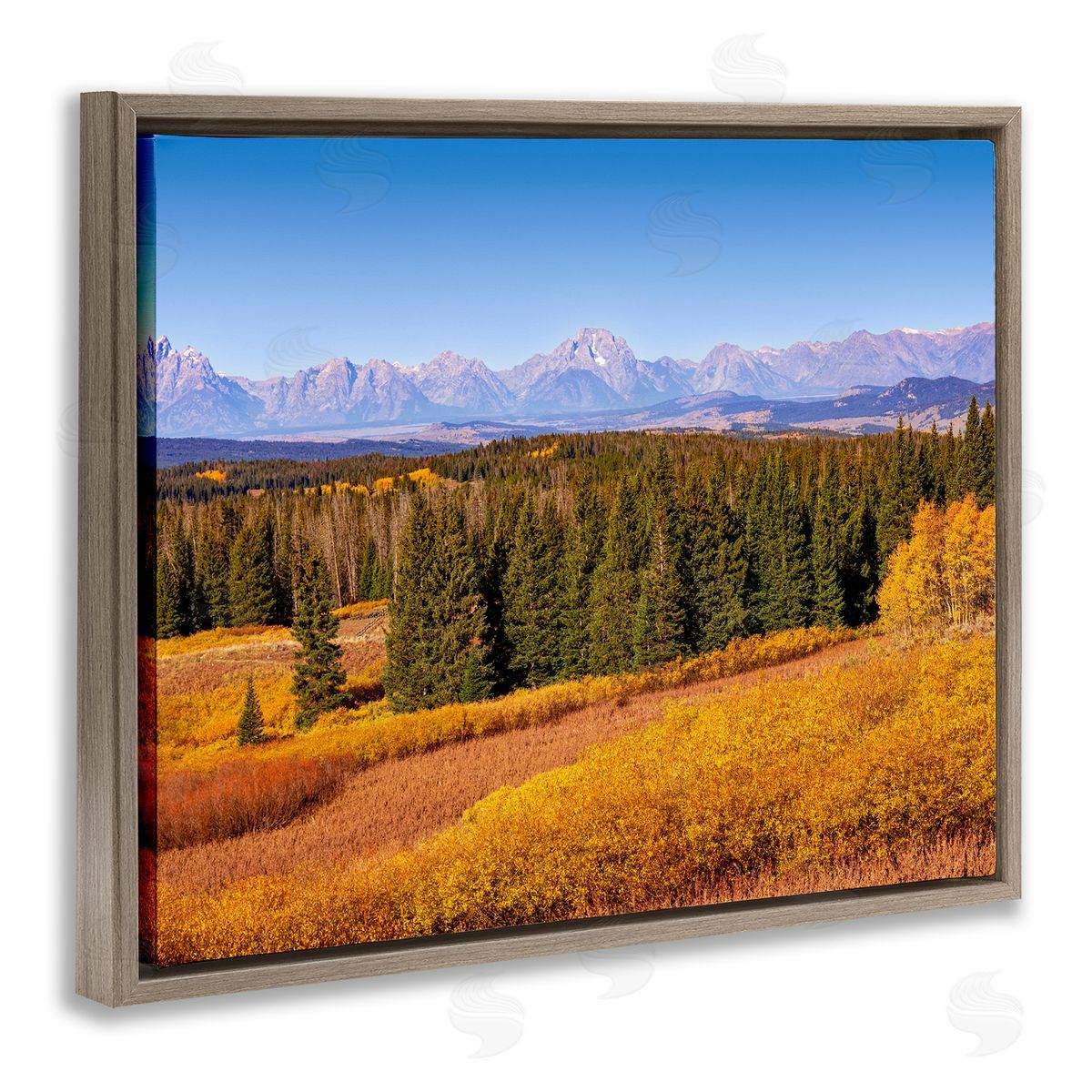 Daniel Sproul Distant Mountains Woodland Fields Country Trees Scenery  Brown Floating Frame Canvas Wall Art Print