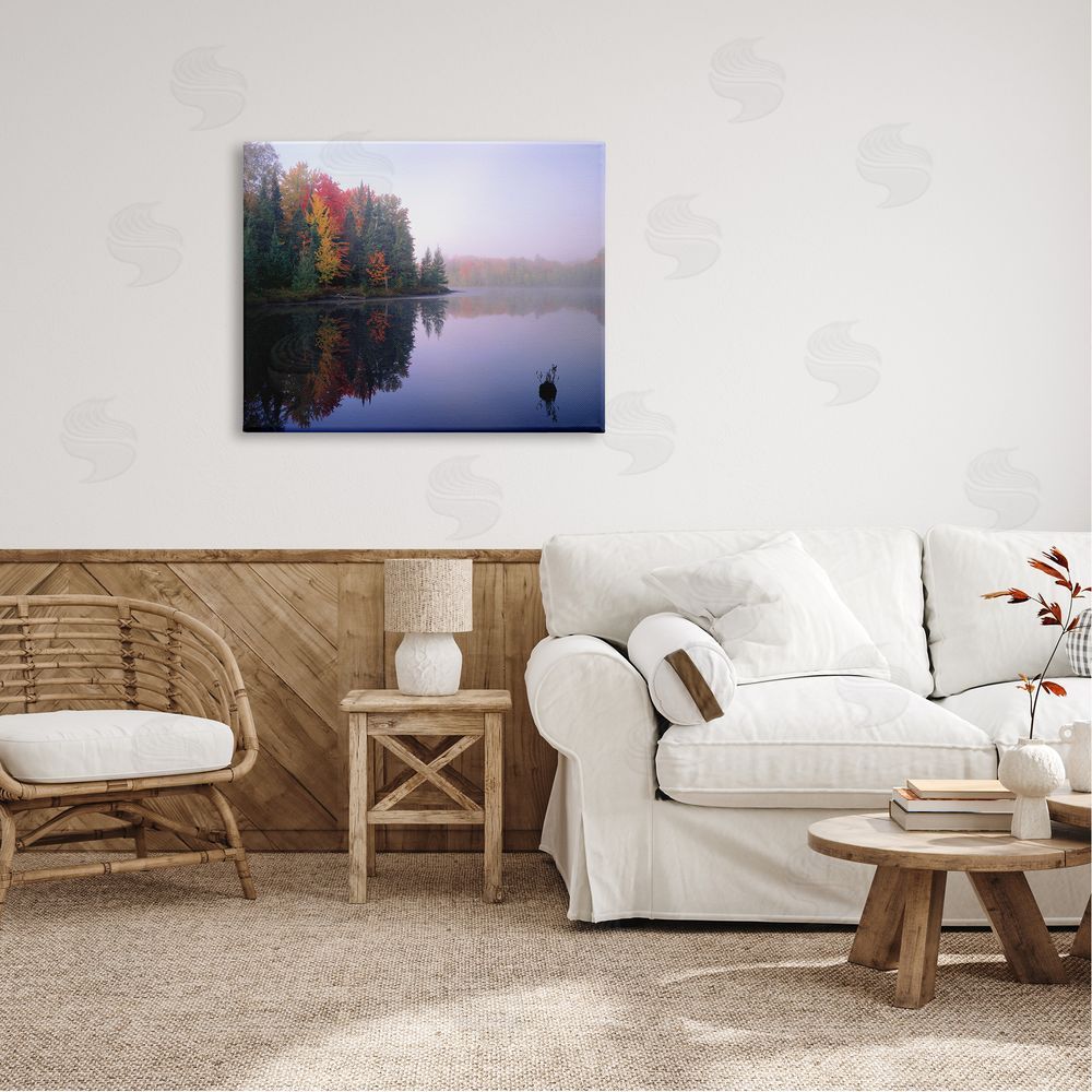 Jim Becia Quiet Lakeside Red Foliage Trees Water Reflection  Canvas Wall Art Print in Room