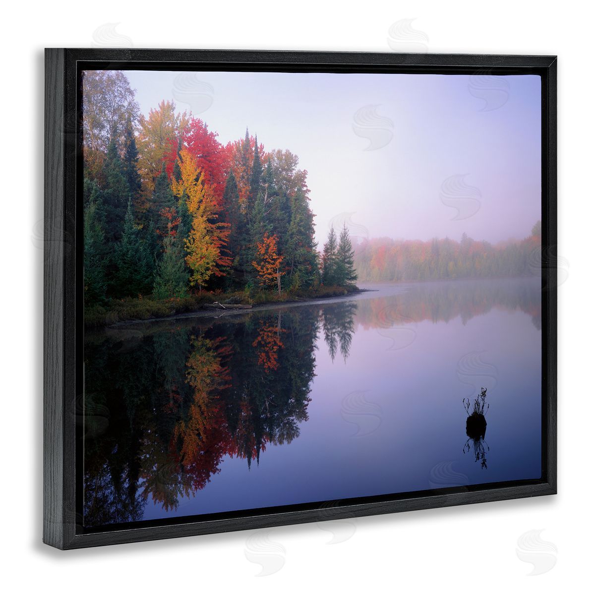 Jim Becia Quiet Lakeside Red Foliage Trees Water Reflection  Black Floating Frame Canvas Wall Art Print