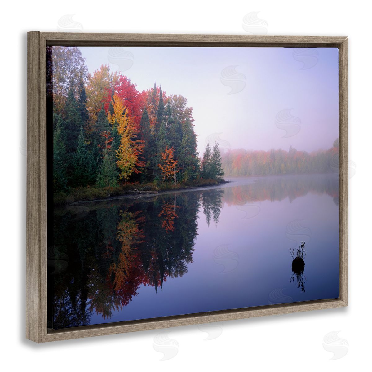 Jim Becia Quiet Lakeside Red Foliage Trees Water Reflection  Brown Floating Frame Canvas Wall Art Print