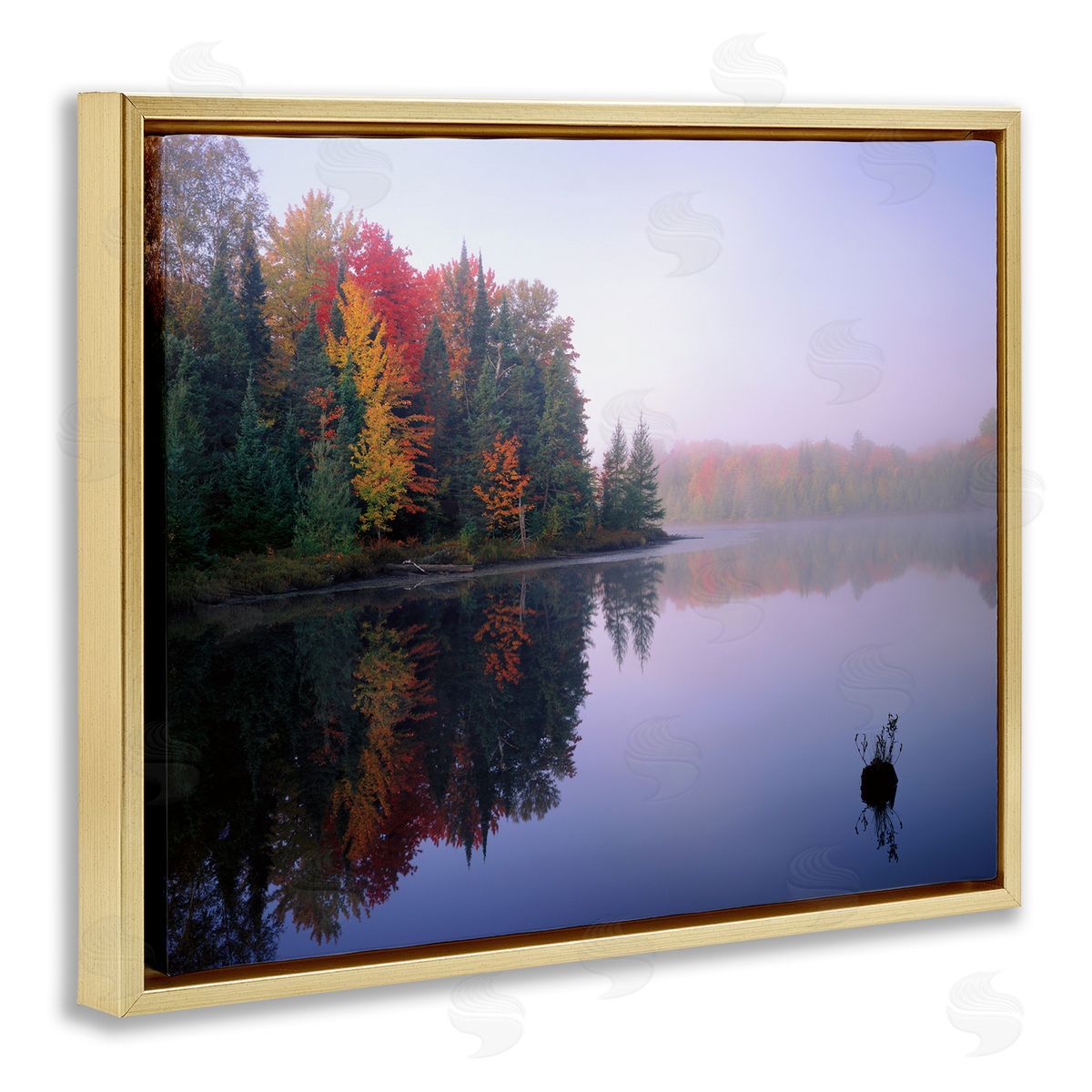 Jim Becia Quiet Lakeside Red Foliage Trees Water Reflection  Gold Floating Frame Canvas Wall Art Print