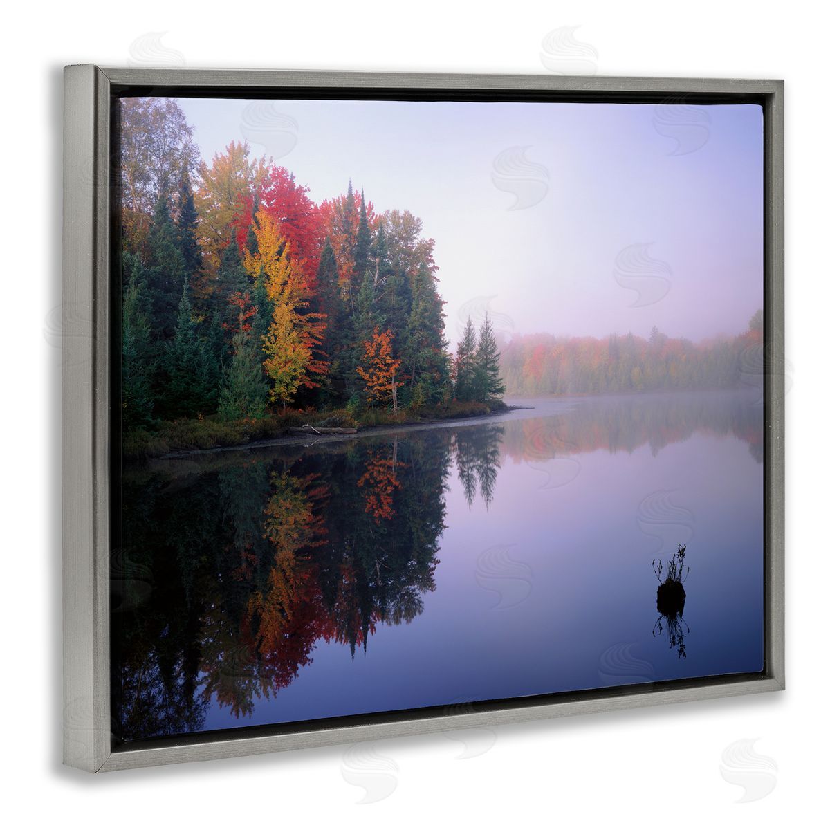 Jim Becia Quiet Lakeside Red Foliage Trees Water Reflection  Gray Floating Frame Canvas Wall Art Print