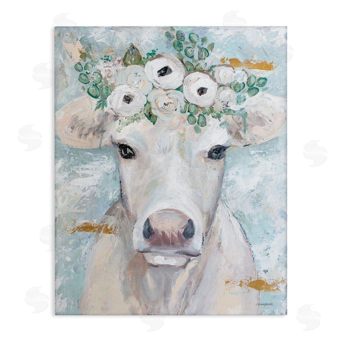 Mackenzie Kissell Country Cattle Cow White Flower Crown Brushstrokes  Stretched Canvas Wall Art Print