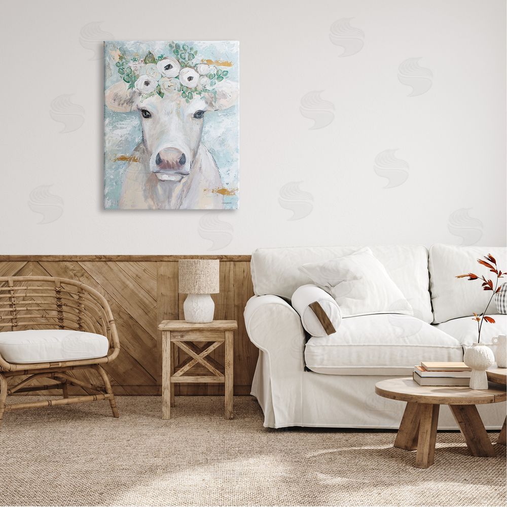 Mackenzie Kissell Country Cattle Cow White Flower Crown Brushstrokes  Canvas Wall Art Print in Room