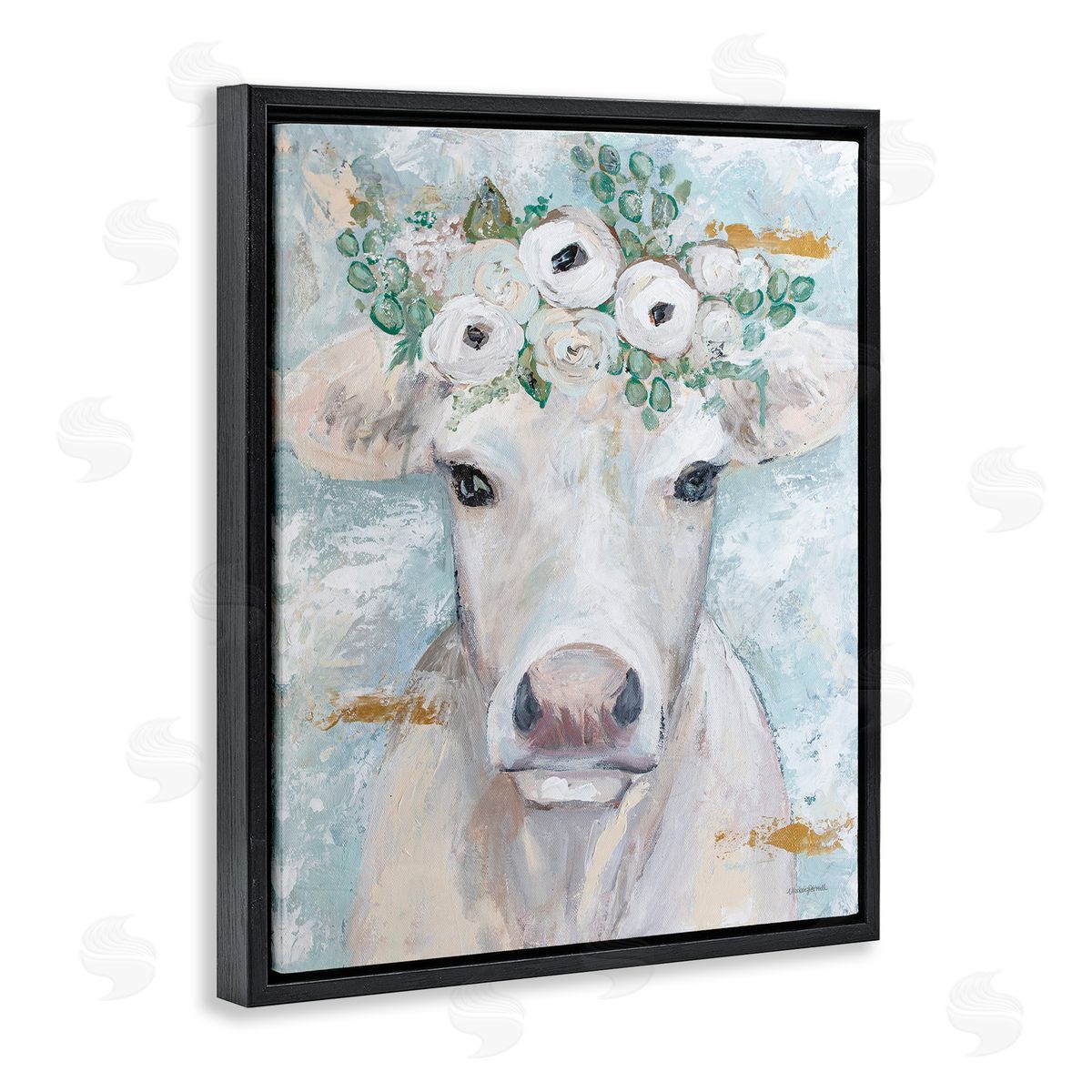 Mackenzie Kissell Country Cattle Cow White Flower Crown Brushstrokes  Black Floating Frame Canvas Wall Art Print