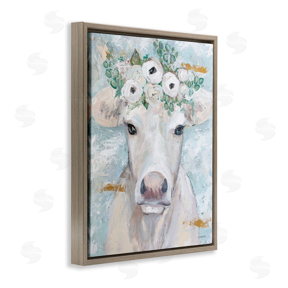Mackenzie Kissell Country Cattle Cow White Flower Crown Brushstrokes  Brown Floating Frame Canvas Wall Art Print