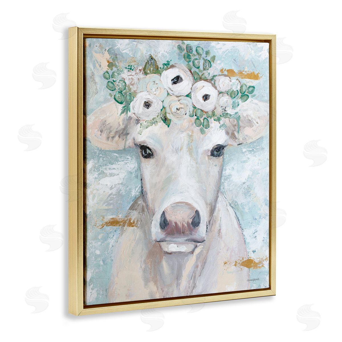 Mackenzie Kissell Country Cattle Cow White Flower Crown Brushstrokes  Gold Floating Frame Canvas Wall Art Print