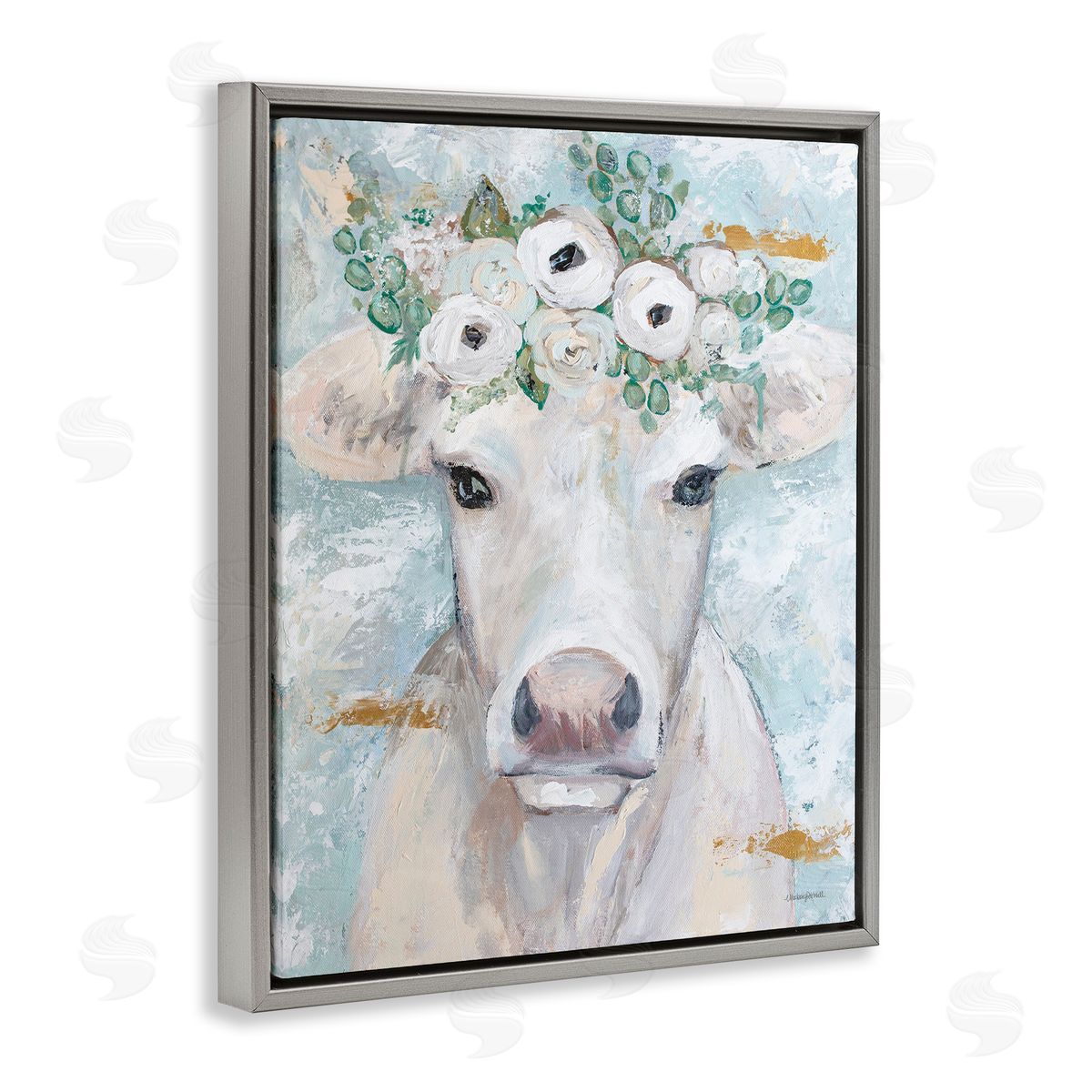 Mackenzie Kissell Country Cattle Cow White Flower Crown Brushstrokes  Gray Floating Frame Canvas Wall Art Print