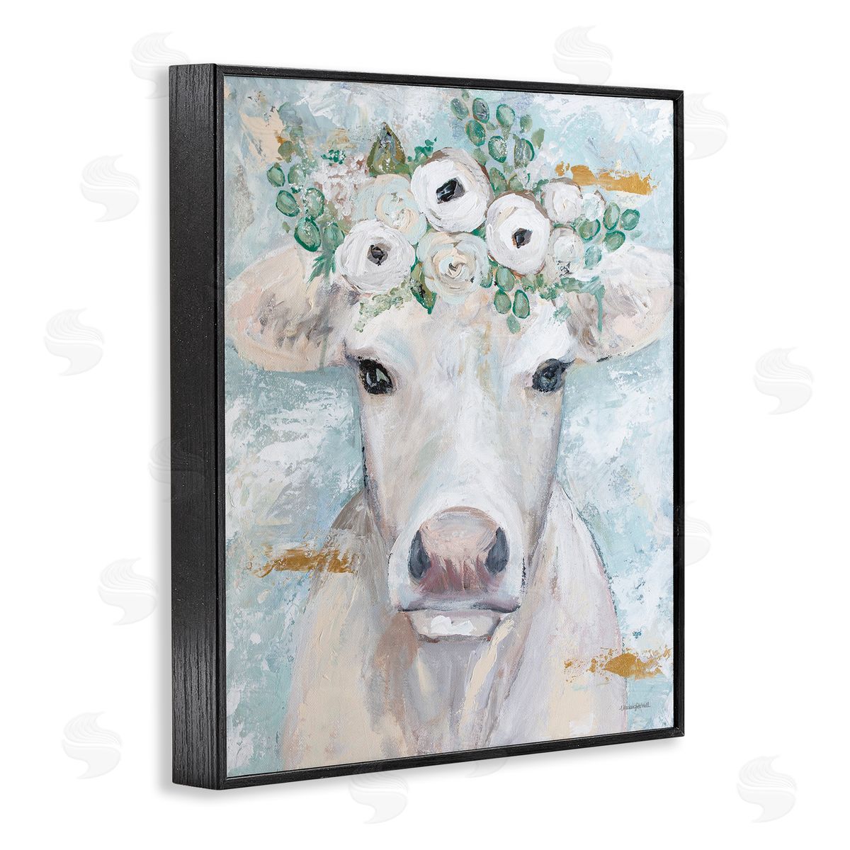 Mackenzie Kissell Country Cattle Cow White Flower Crown Brushstrokes  Black Framed Giclee Wall Art Print
