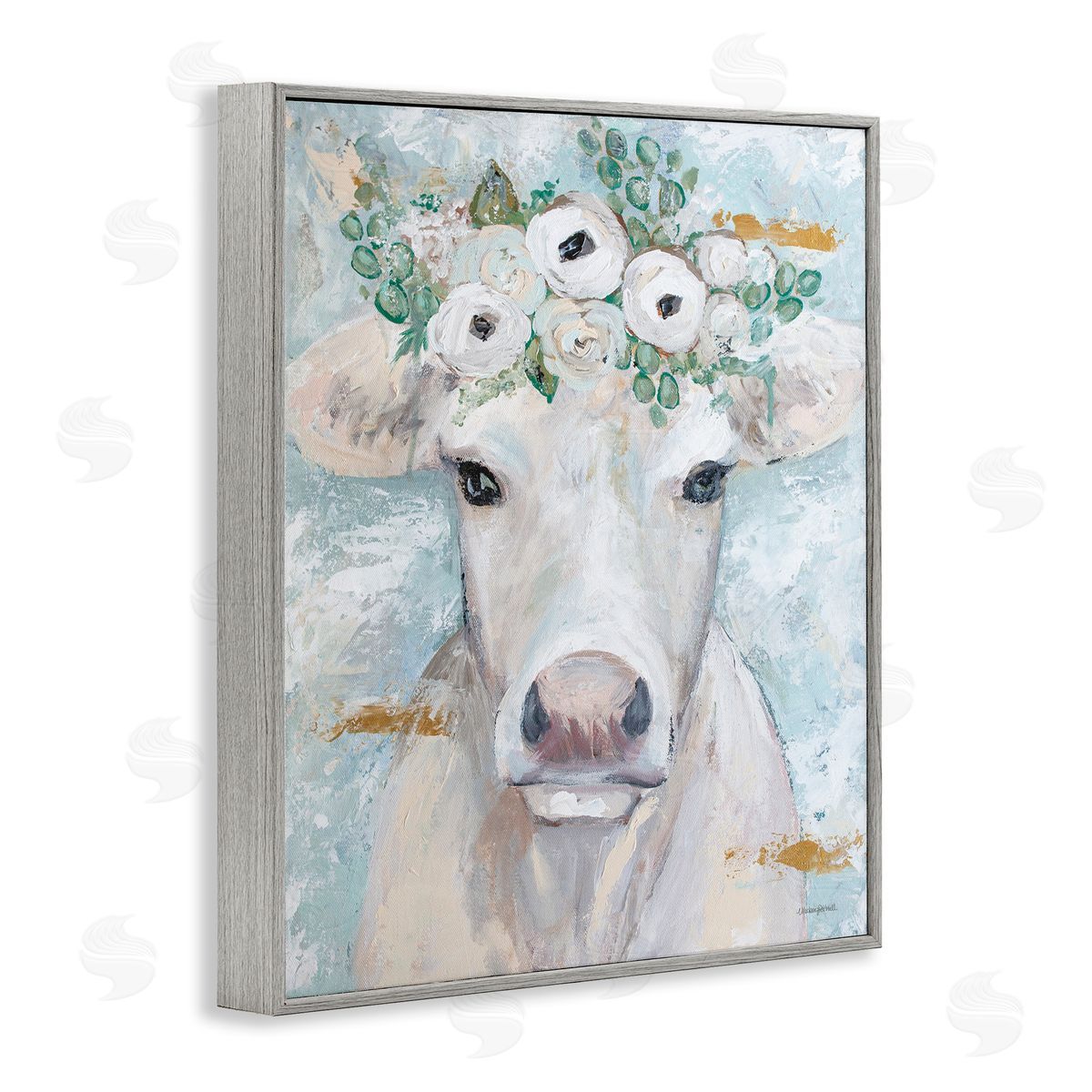 Mackenzie Kissell Country Cattle Cow White Flower Crown Brushstrokes  Gray Framed Giclee Wall Art Print