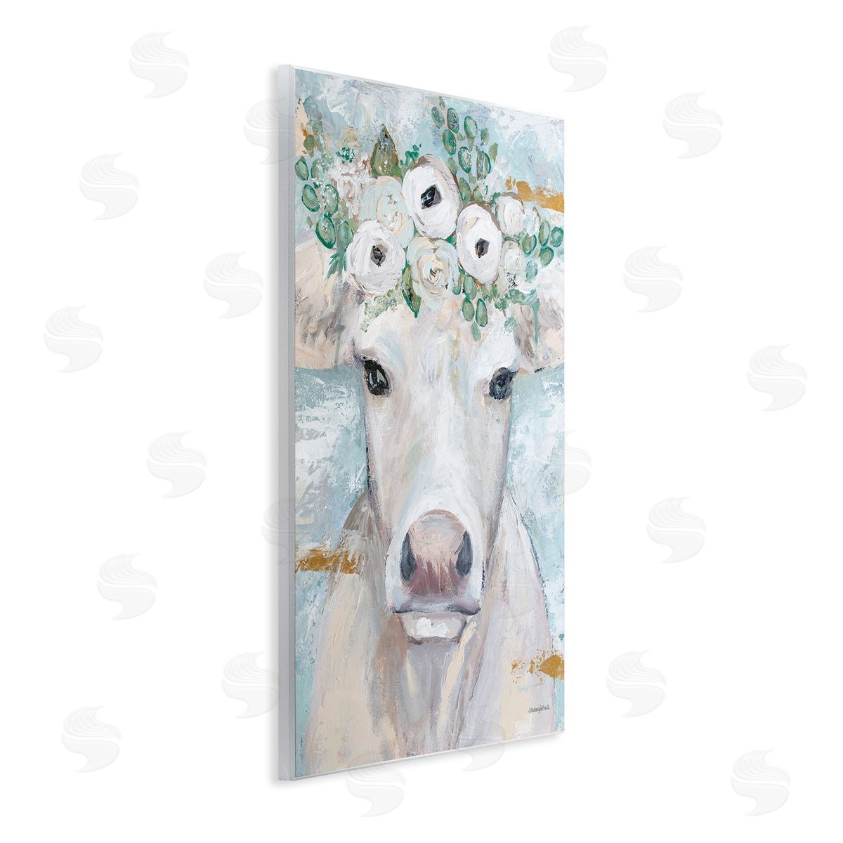 Mackenzie Kissell Country Cattle Cow White Flower Crown Brushstrokes  Wall Plaque Art Print