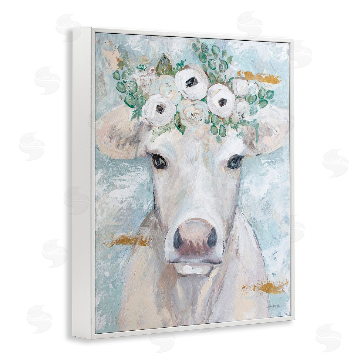 Mackenzie Kissell Country Cattle Cow White Flower Crown Brushstrokes  White Framed Giclee Wall Art Print