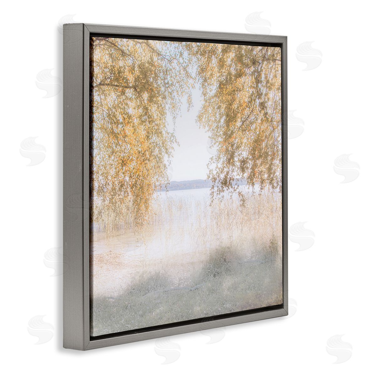 Irene Weisz Lake Shore Yellow Foliage Trees Distant Mountains  Gray Floating Frame Canvas Wall Art Print