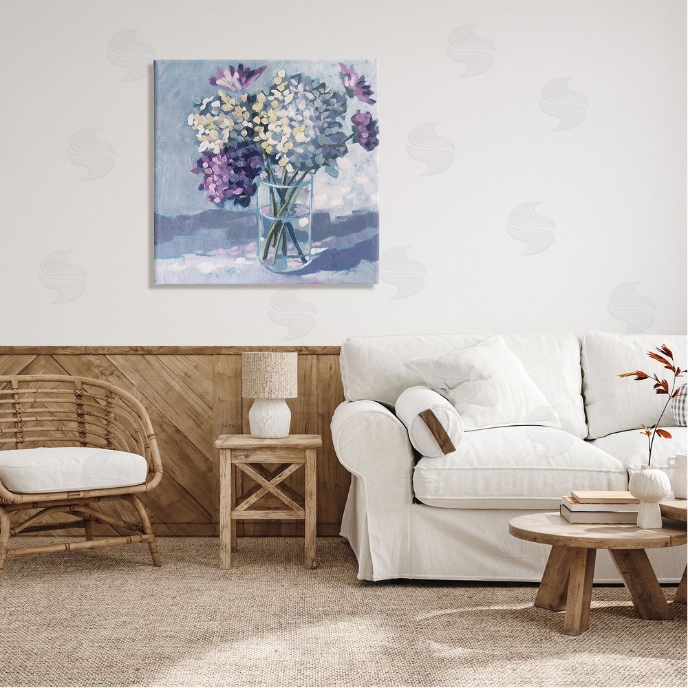 Sue Riger Purple Hydrangea Flower Bouquet Layered Blossoms Arrangement Canvas Wall Art in Room