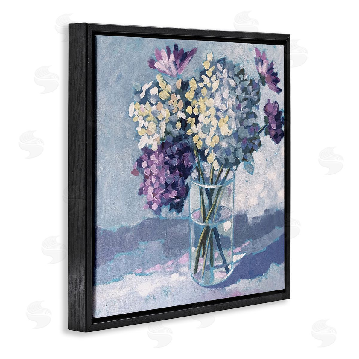 Sue Riger Purple Hydrangea Flower Bouquet Layered Blossoms Arrangement Black Floating Frame Canvas Wall Art Print