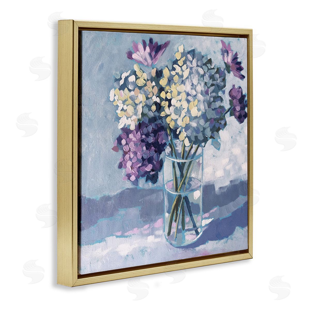 Sue Riger Purple Hydrangea Flower Bouquet Layered Blossoms Arrangement Gold Floating Frame Canvas Wall Art Print
