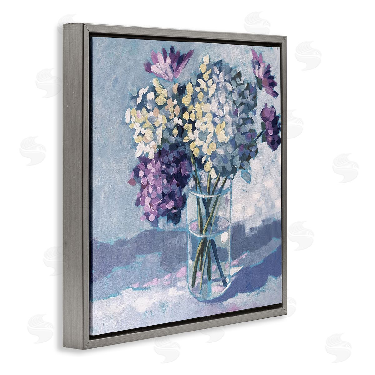 Sue Riger Purple Hydrangea Flower Bouquet Layered Blossoms Arrangement Gray Floating Frame Canvas Wall Art Print