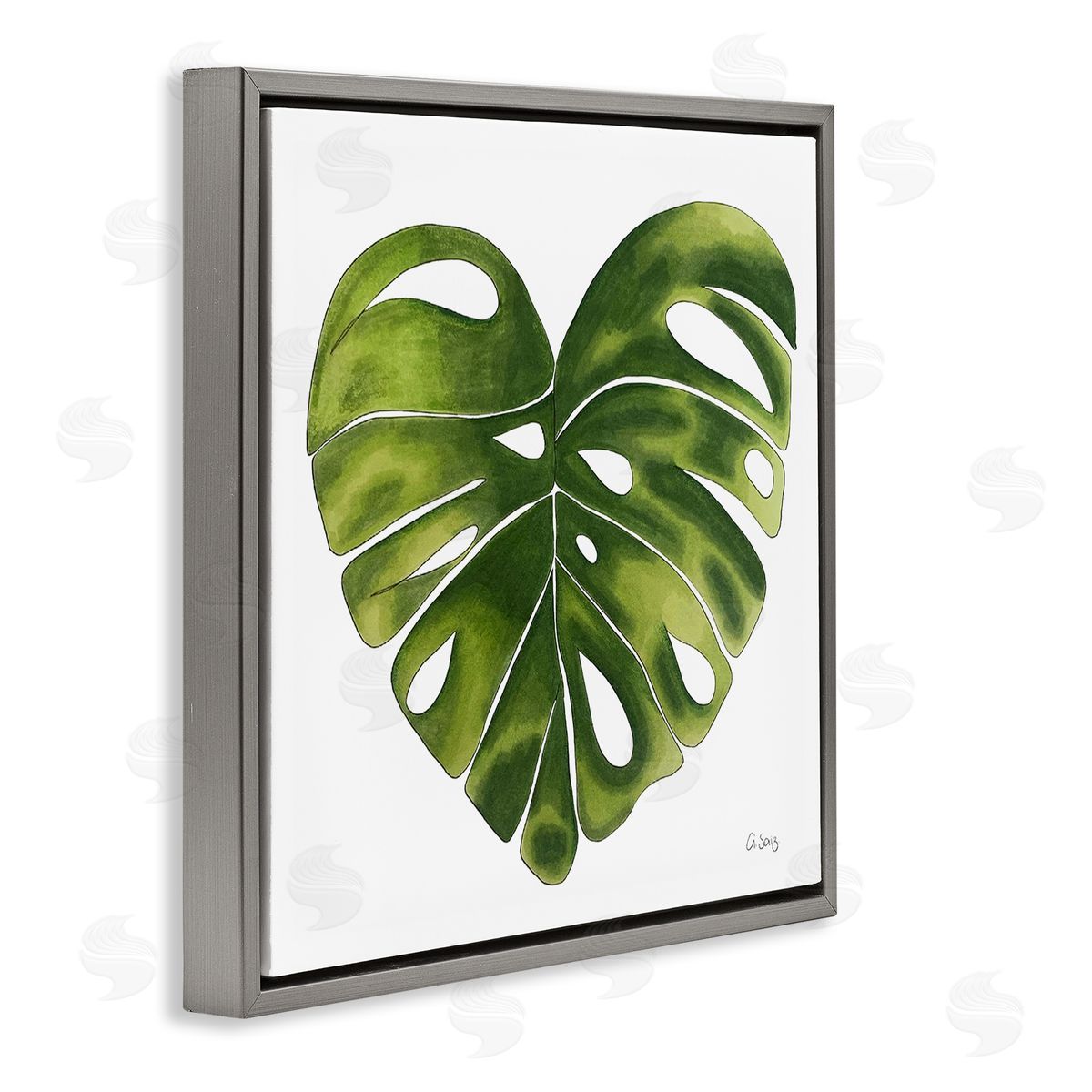 Ale Saiz Studio Chic Green Monstera House Plant Leaf Botanical Gray Floating Frame Canvas Wall Art Print