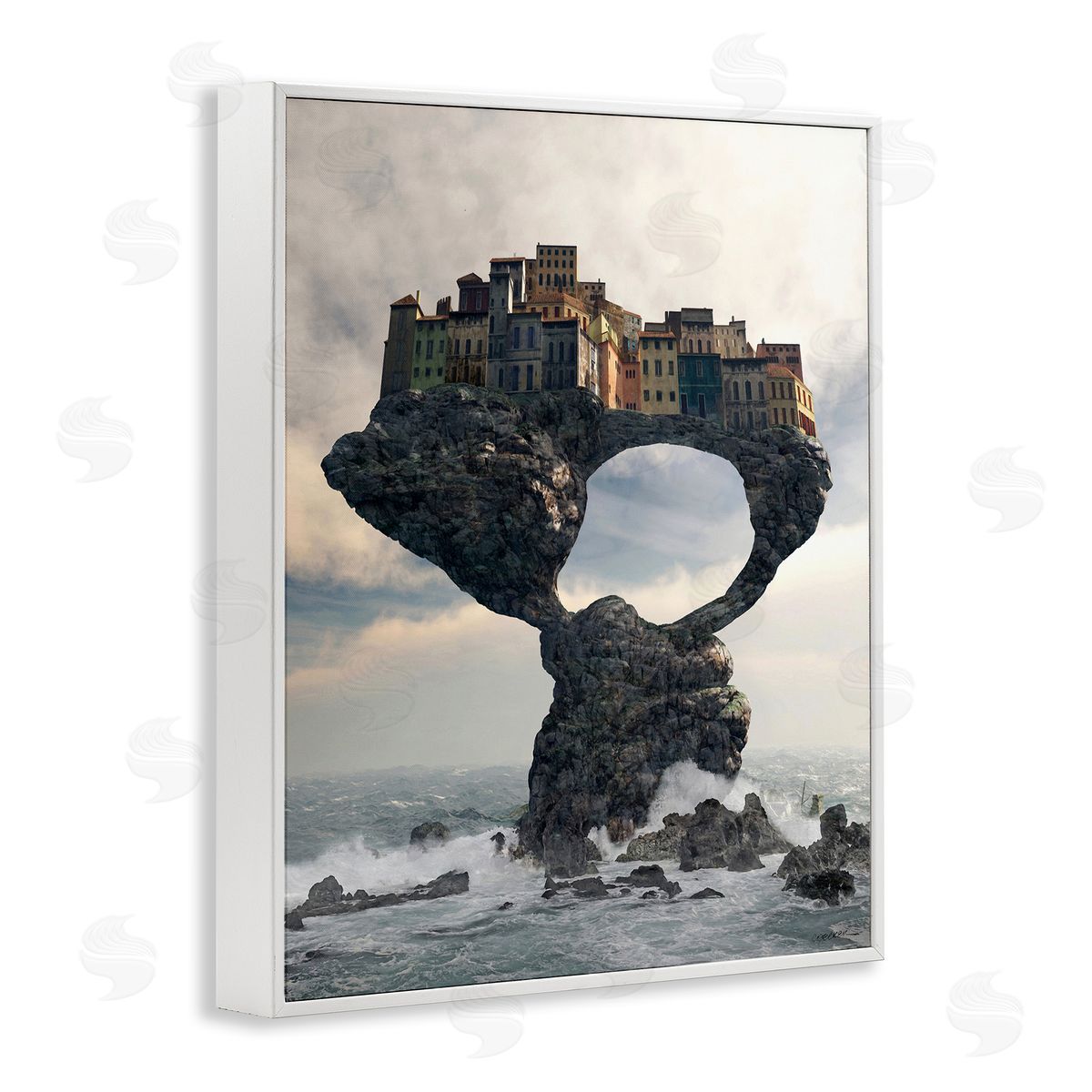 Cynthia Decker Surreal City Atop Rocks Cliff Sea Waves Splashing  White Framed Giclee Wall Art Print