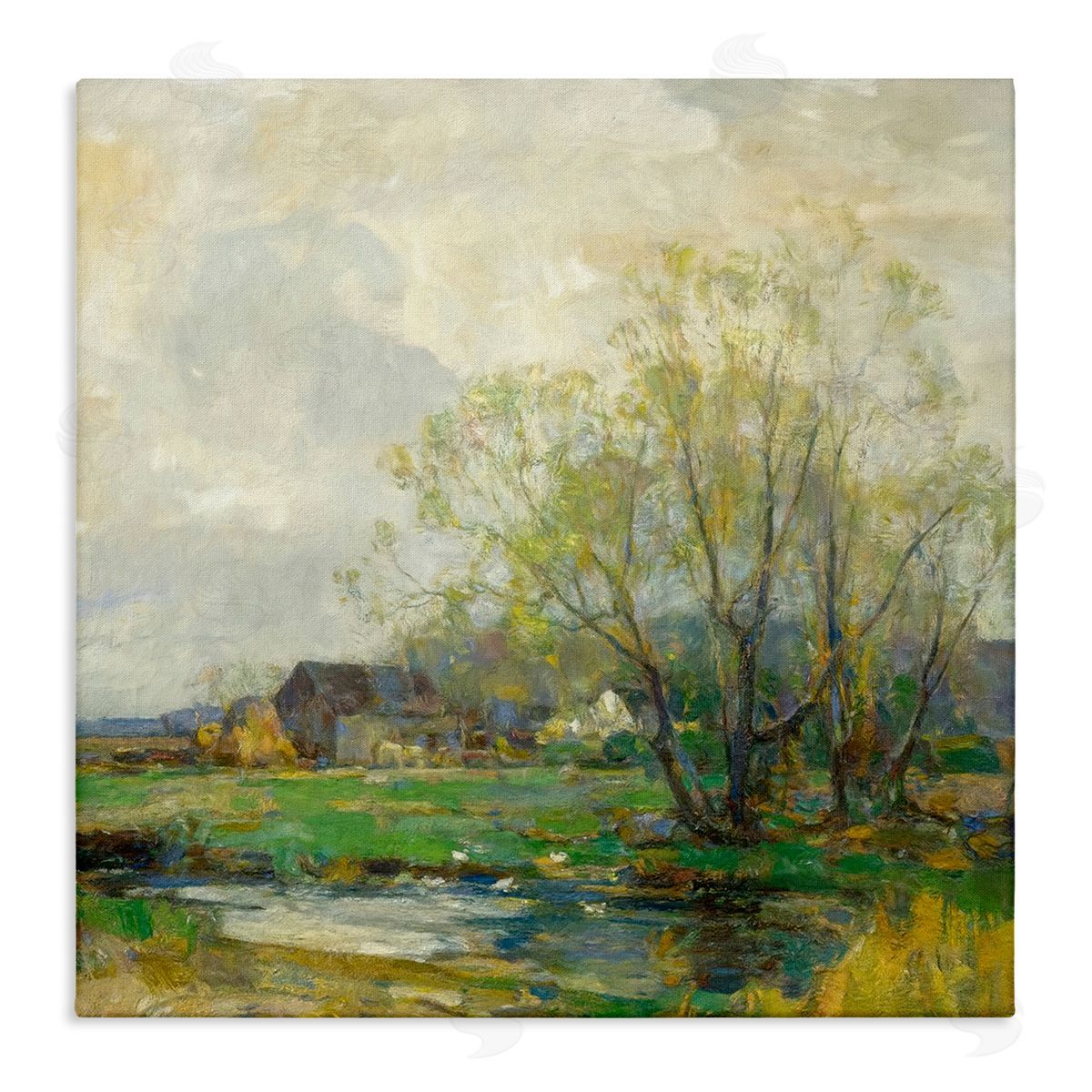 Alpenglow Workshop Tranquil Countryside Marsh Distant Farm Land Trees Stretched Canvas Wall Art Print
