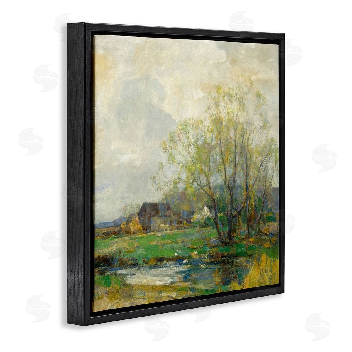 Alpenglow Workshop Tranquil Countryside Marsh Distant Farm Land Trees Black Floating Frame Canvas Wall Art Print