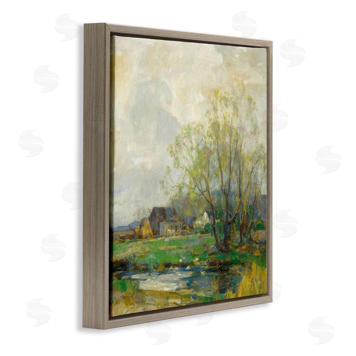 Alpenglow Workshop Tranquil Countryside Marsh Distant Farm Land Trees Brown Floating Frame Canvas Wall Art Print