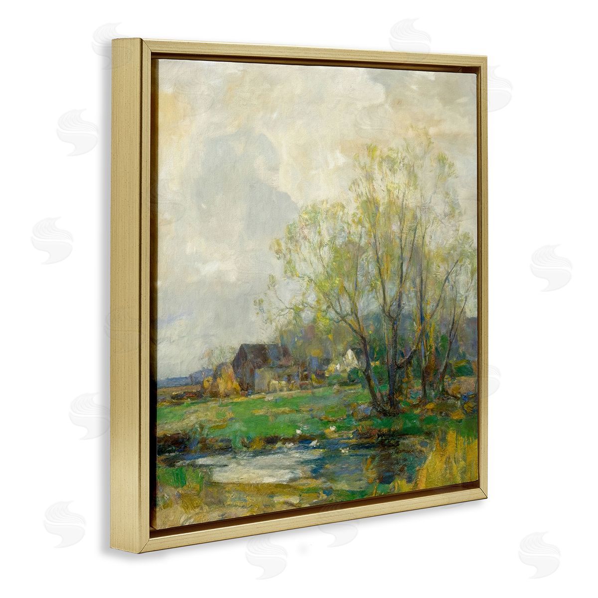 Alpenglow Workshop Tranquil Countryside Marsh Distant Farm Land Trees Gold Floating Frame Canvas Wall Art Print