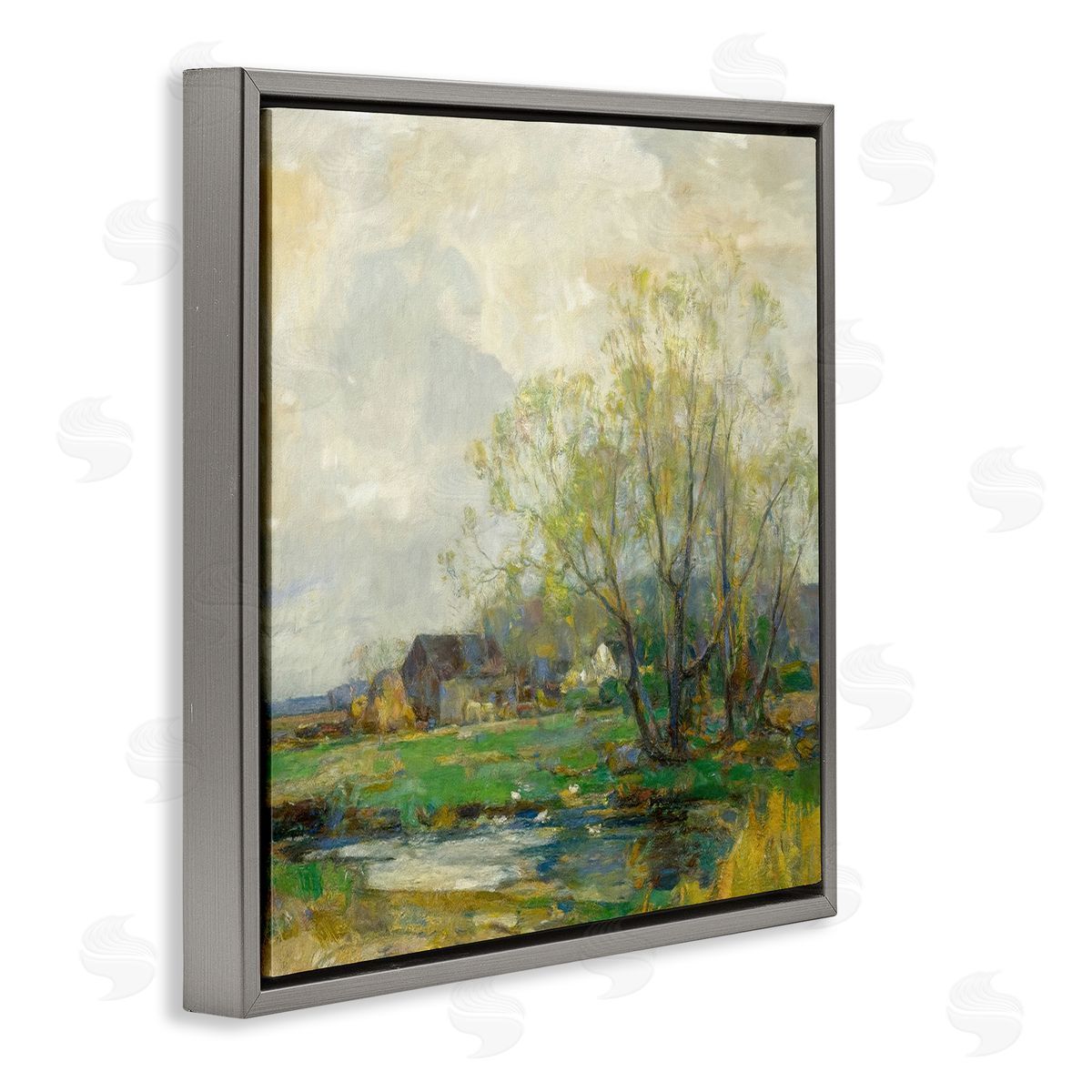 Alpenglow Workshop Tranquil Countryside Marsh Distant Farm Land Trees Gray Floating Frame Canvas Wall Art Print