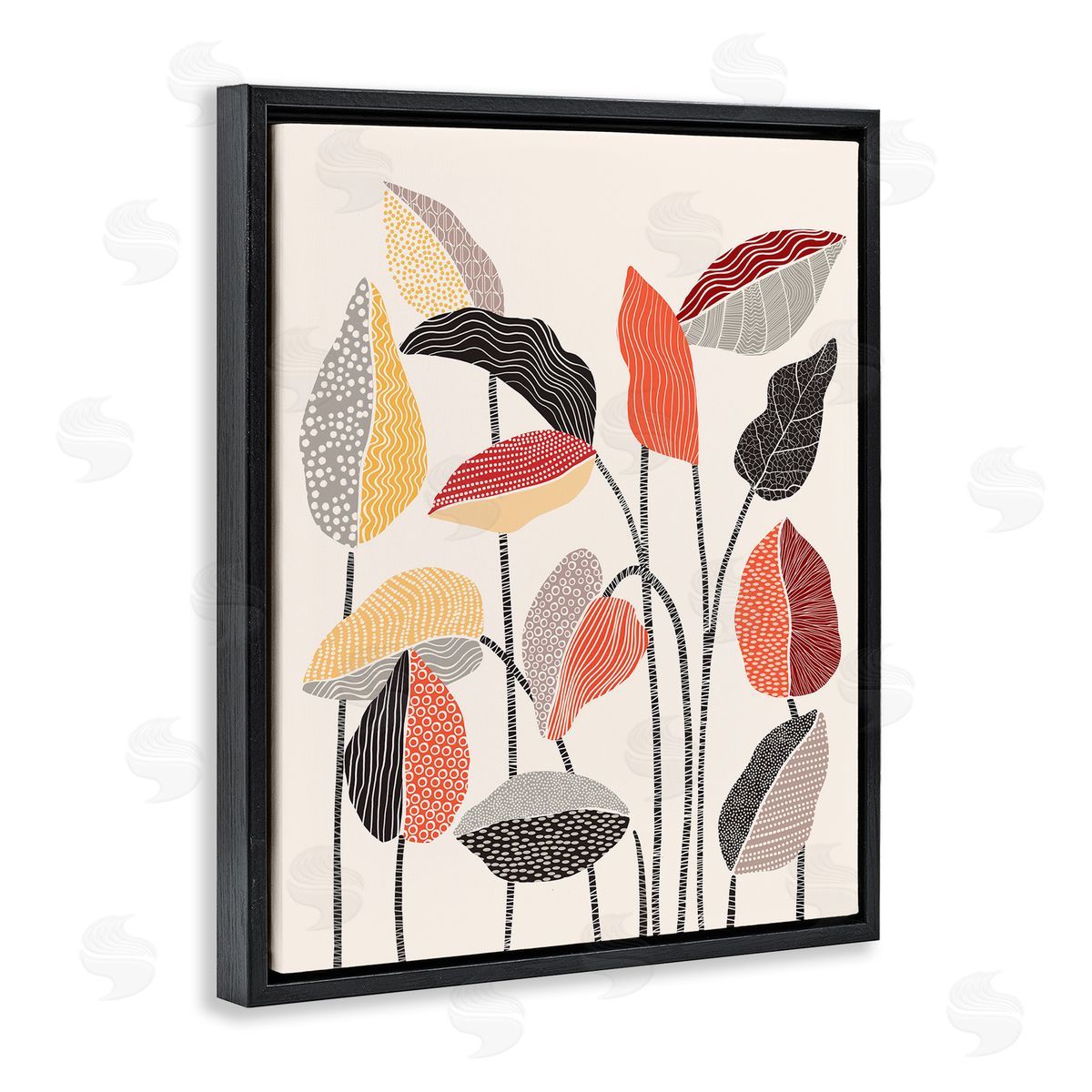 Ioana Horvat Modern Stripes Squiggle Pattern Flower Sprigs Botanical  Black Floating Frame Canvas Wall Art Print