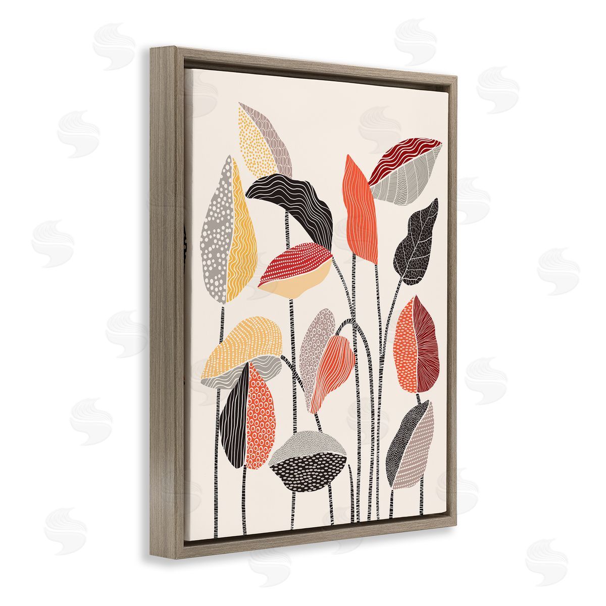 Ioana Horvat Modern Stripes Squiggle Pattern Flower Sprigs Botanical  Brown Floating Frame Canvas Wall Art Print