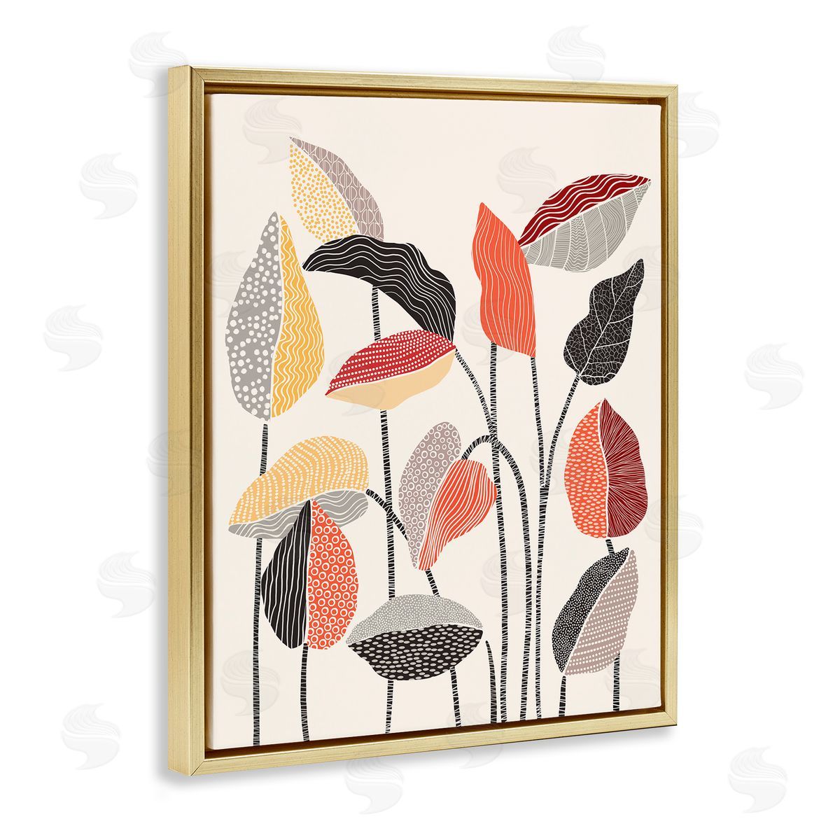 Ioana Horvat Modern Stripes Squiggle Pattern Flower Sprigs Botanical  Gold Floating Frame Canvas Wall Art Print