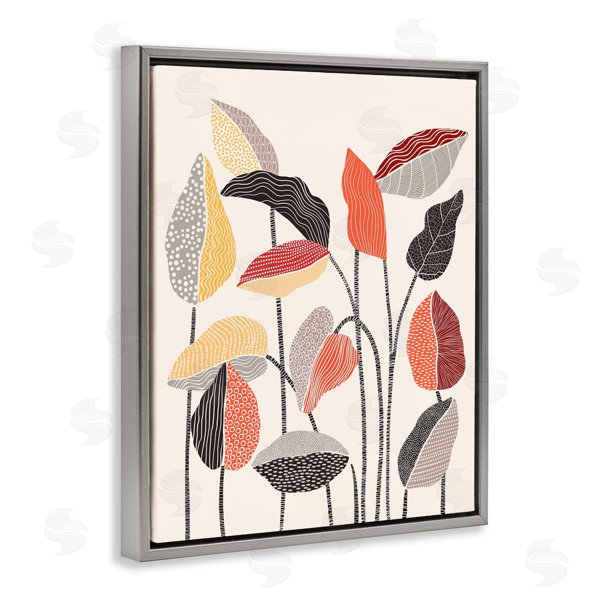 Ioana Horvat Modern Stripes Squiggle Pattern Flower Sprigs Botanical  Gray Floating Frame Canvas Wall Art Print