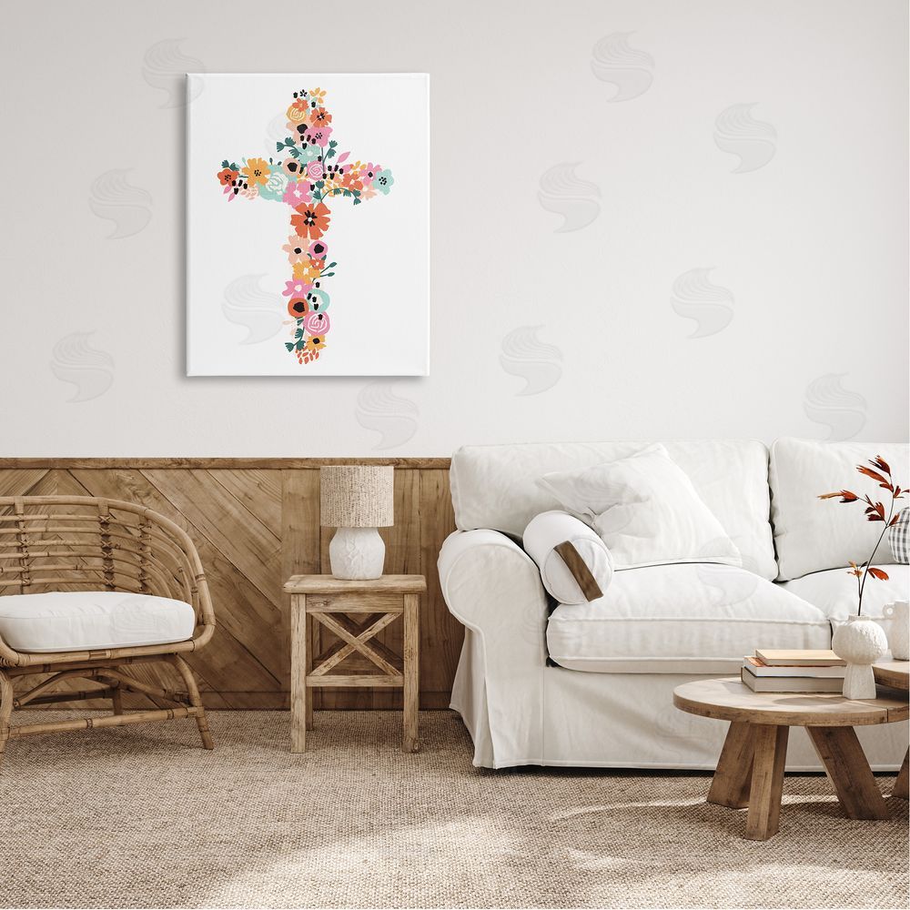 Jess Bruggink Bold Flowers Cross Symbol Floral Arrangement Canvas Wall Art Print in Room