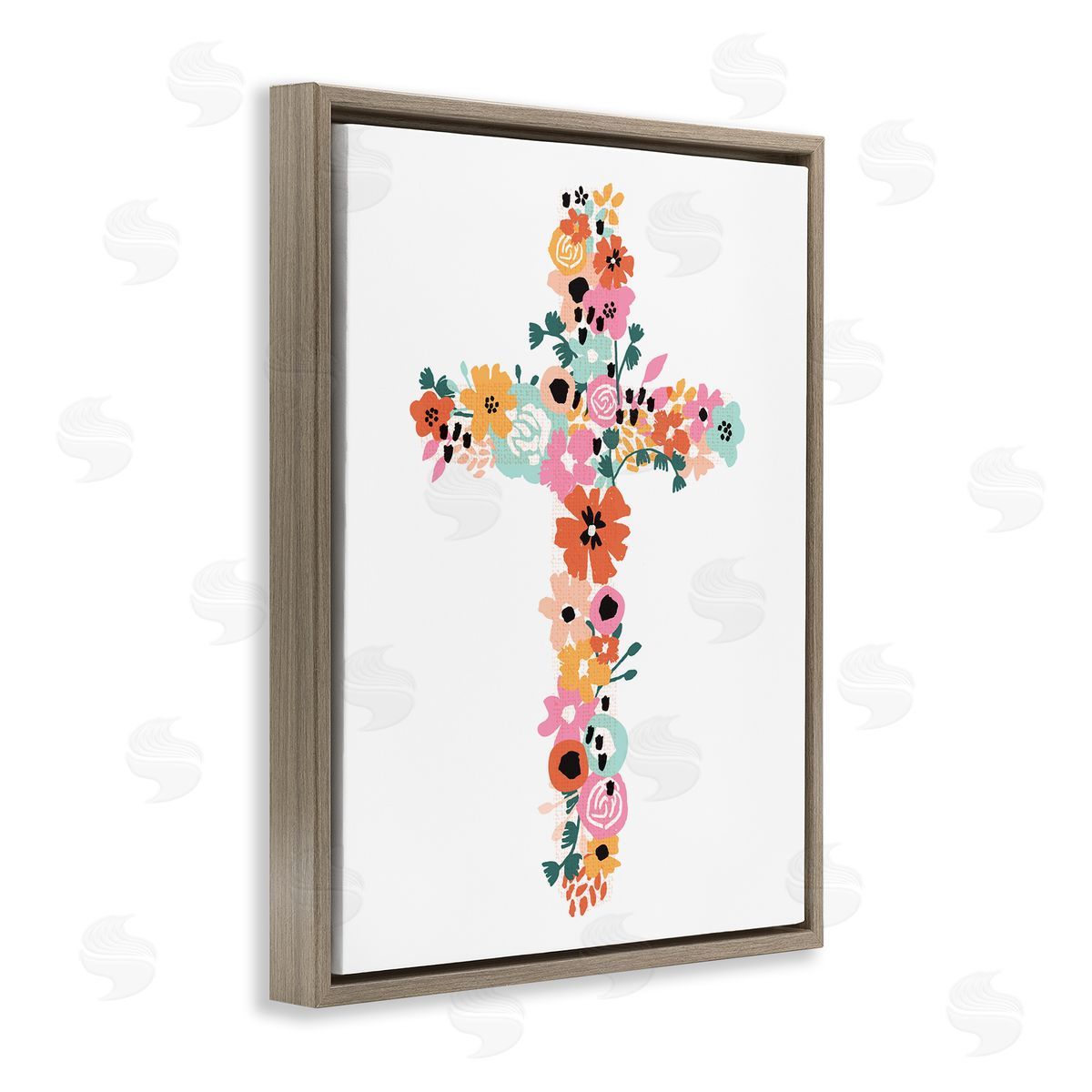 Jess Bruggink Bold Flowers Cross Symbol Floral Arrangement Brown Floating Frame Canvas Wall Art Print