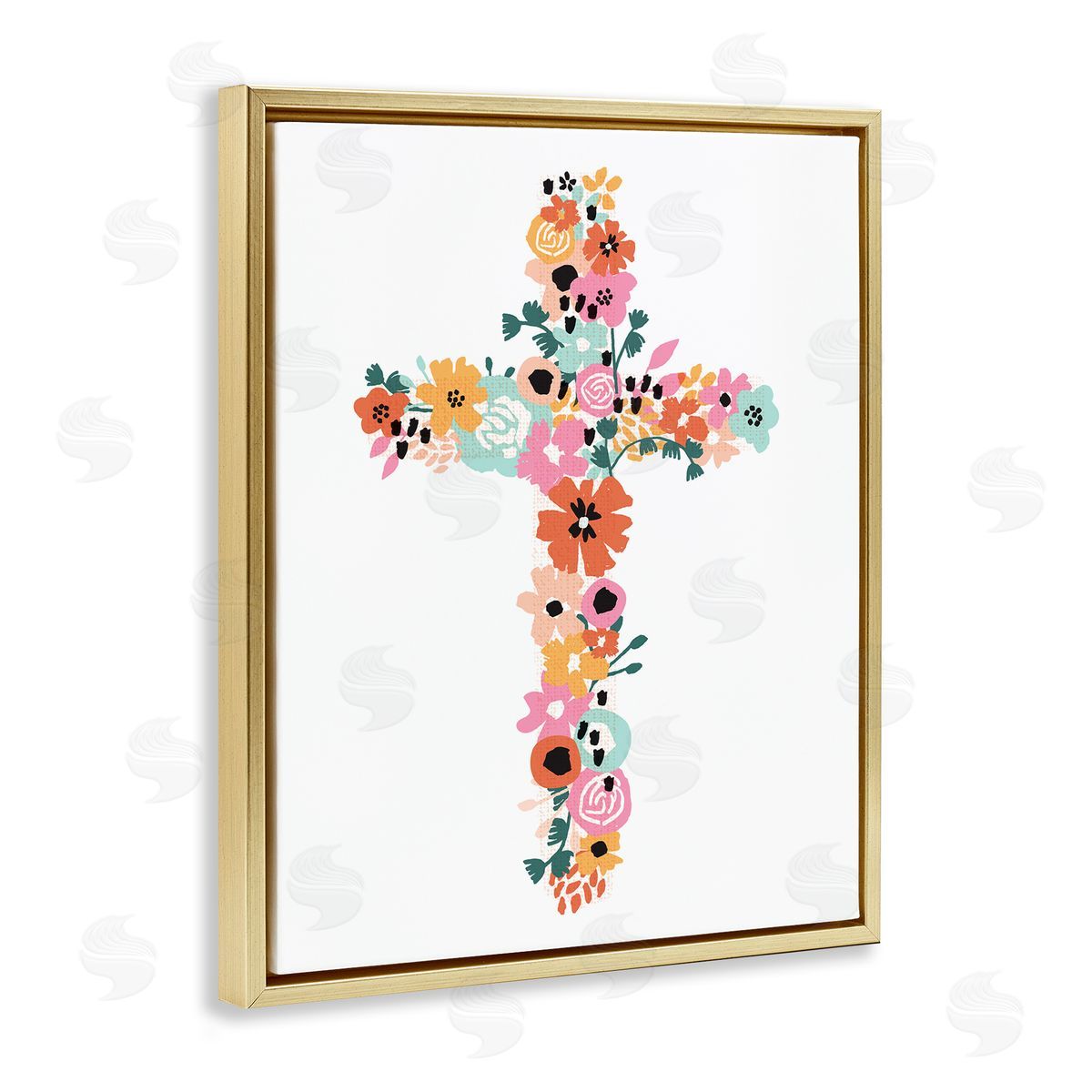 Jess Bruggink Bold Flowers Cross Symbol Floral Arrangement Gold Floating Frame Canvas Wall Art Print
