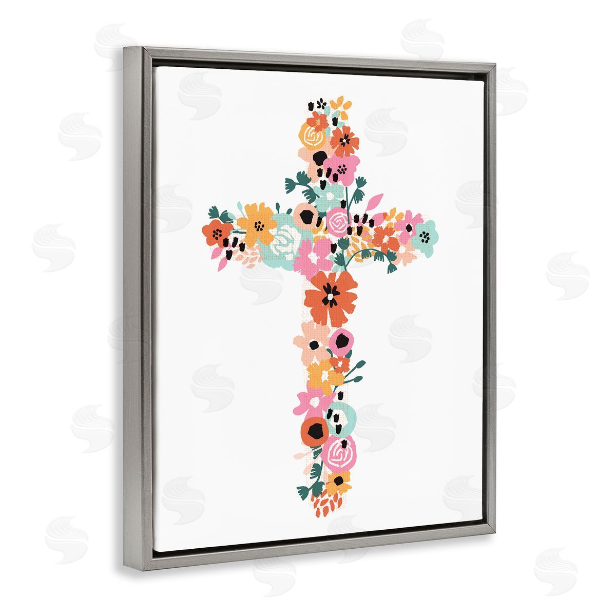 Jess Bruggink Bold Flowers Cross Symbol Floral Arrangement Gray Floating Frame Canvas Wall Art Print