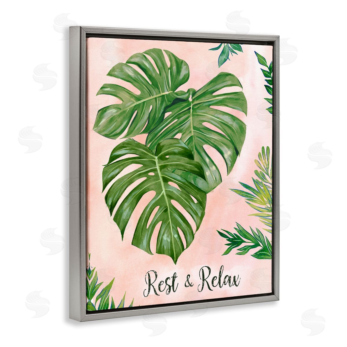 Ziwei Li Rest & Relax Pink Tropical Monstera Plant Leaves  Gray Floating Frame Canvas Wall Art Print