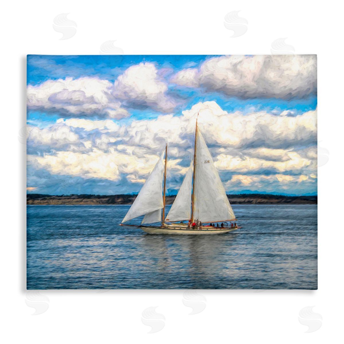 Daniel Sproul Quaint Sailboat Floating Ocean Fluffy White Clouds  Stretched Canvas Wall Art Print