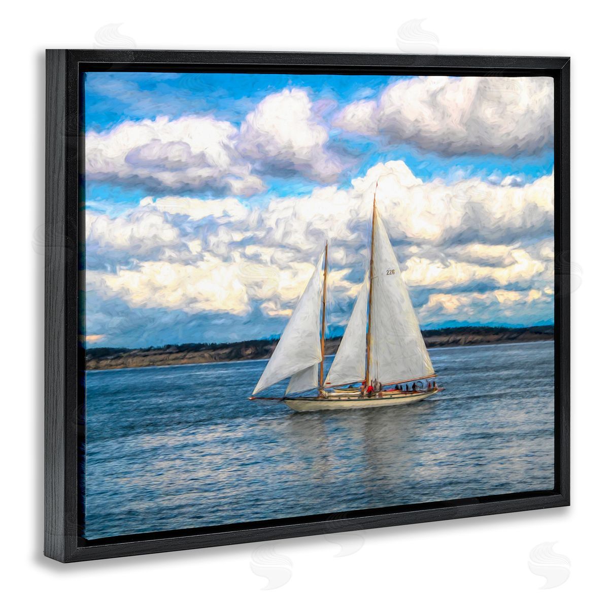 Daniel Sproul Quaint Sailboat Floating Ocean Fluffy White Clouds  Black Floating Frame Canvas Wall Art Print