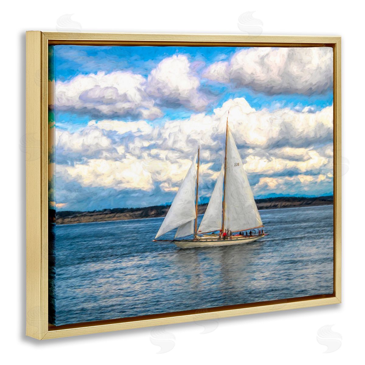 Daniel Sproul Quaint Sailboat Floating Ocean Fluffy White Clouds  Gold Floating Frame Canvas Wall Art Print
