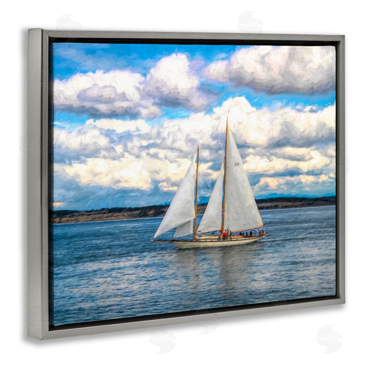 Daniel Sproul Quaint Sailboat Floating Ocean Fluffy White Clouds  Gray Floating Frame Canvas Wall Art Print