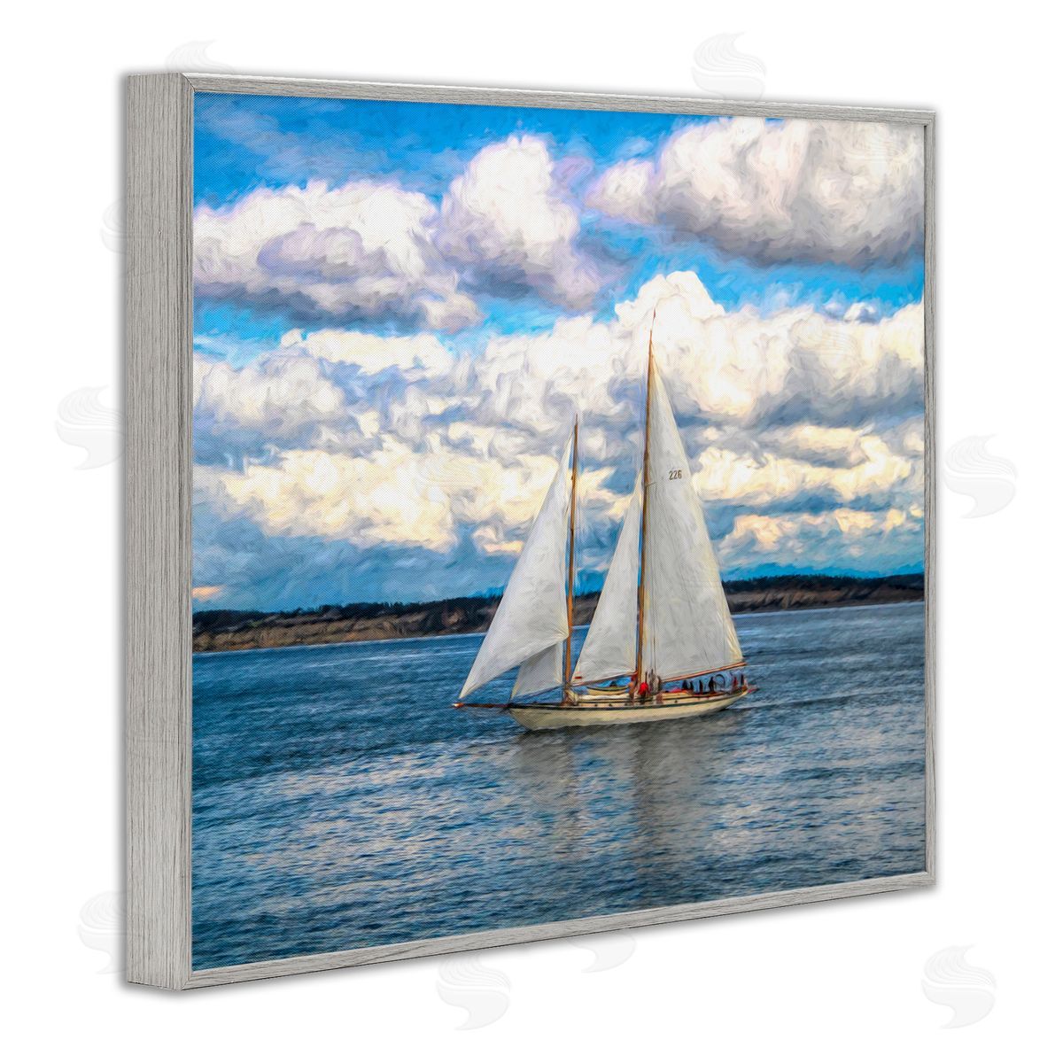 Daniel Sproul Quaint Sailboat Floating Ocean Fluffy White Clouds  Gray Framed Giclee Wall Art Print