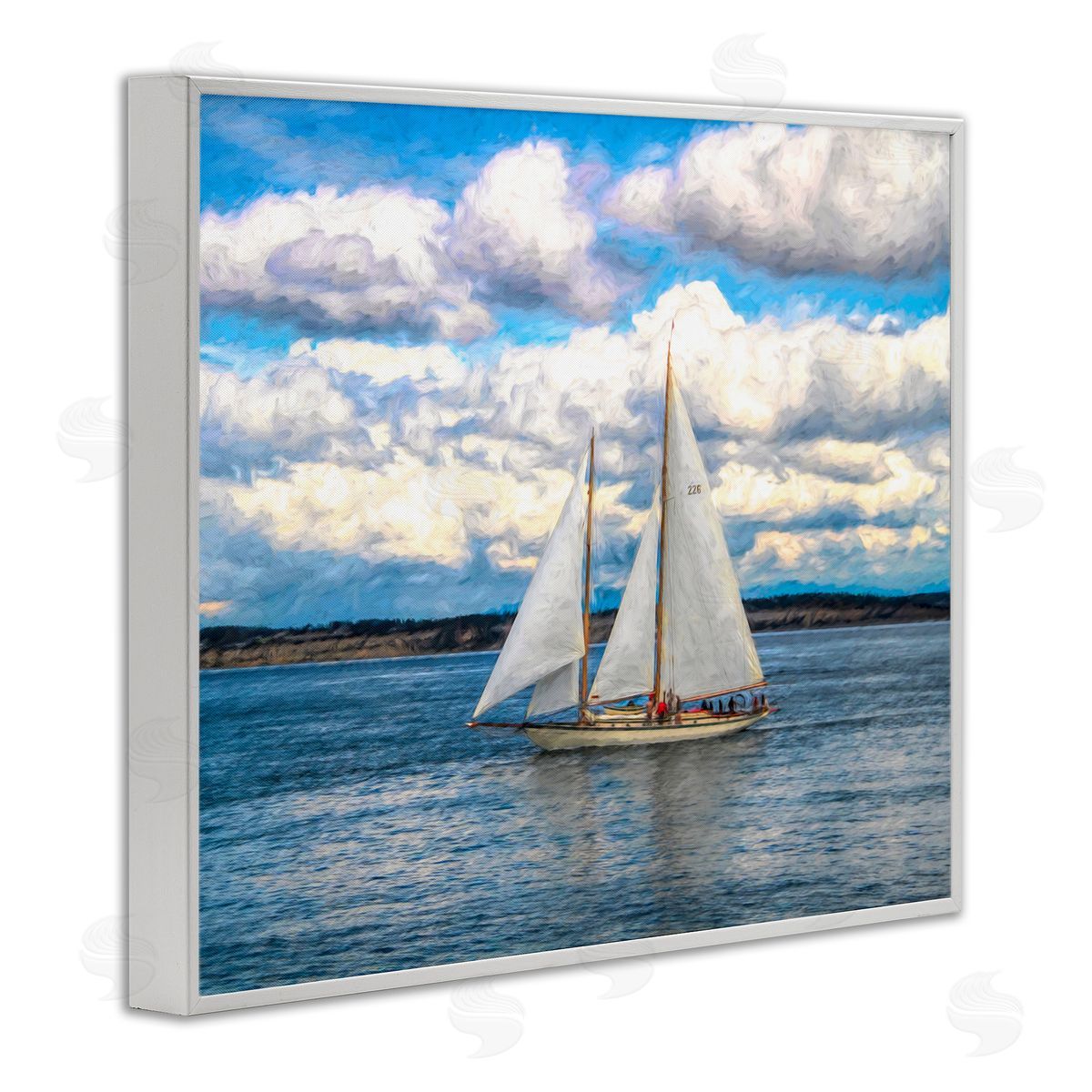 Daniel Sproul Quaint Sailboat Floating Ocean Fluffy White Clouds  White Framed Giclee Wall Art Print