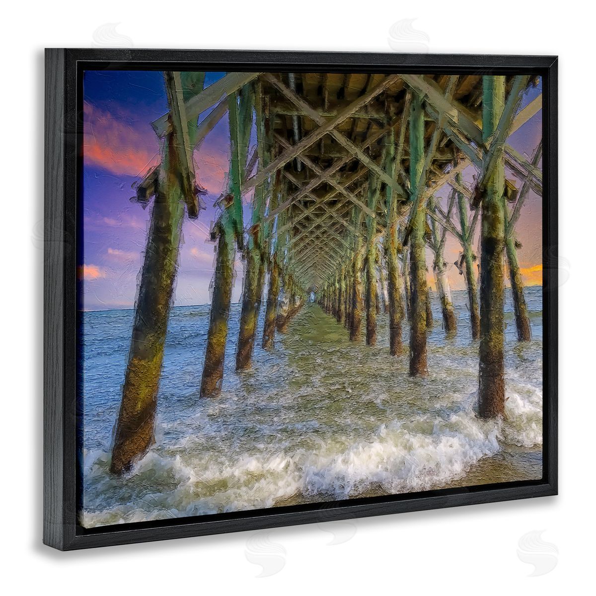 Daniel Sproul Ocean Foam Underneath Boardwalk Bridge Dock Sunset  Black Floating Frame Canvas Wall Art Print