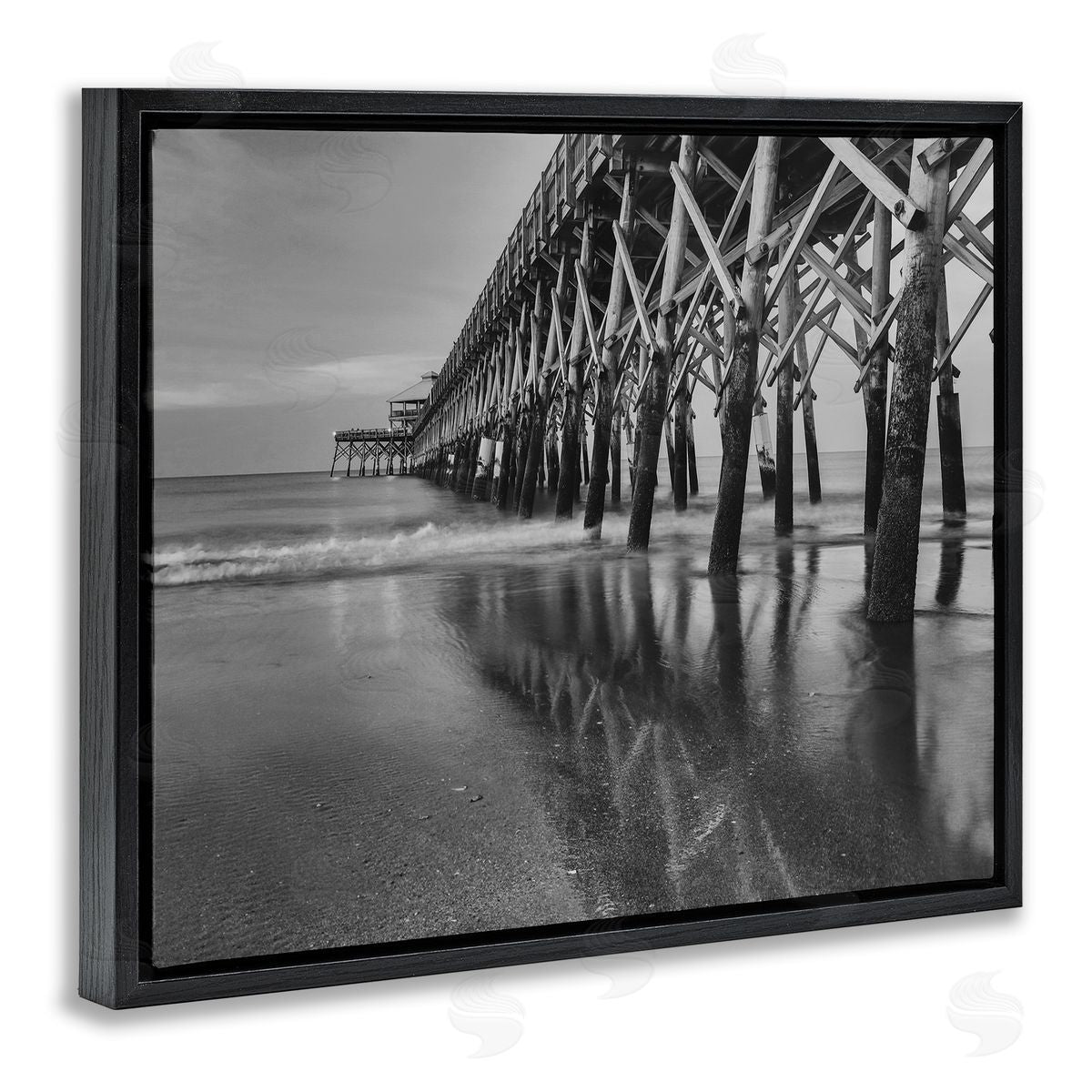 Daniel Sproul Grayscale Ocean Photography Tall Water Bridge Dock  Black Floating Frame Canvas Wall Art Print