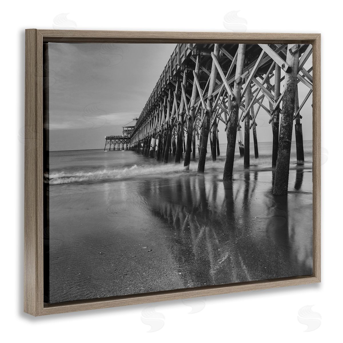 Daniel Sproul Grayscale Ocean Photography Tall Water Bridge Dock  Brown Floating Frame Canvas Wall Art Print