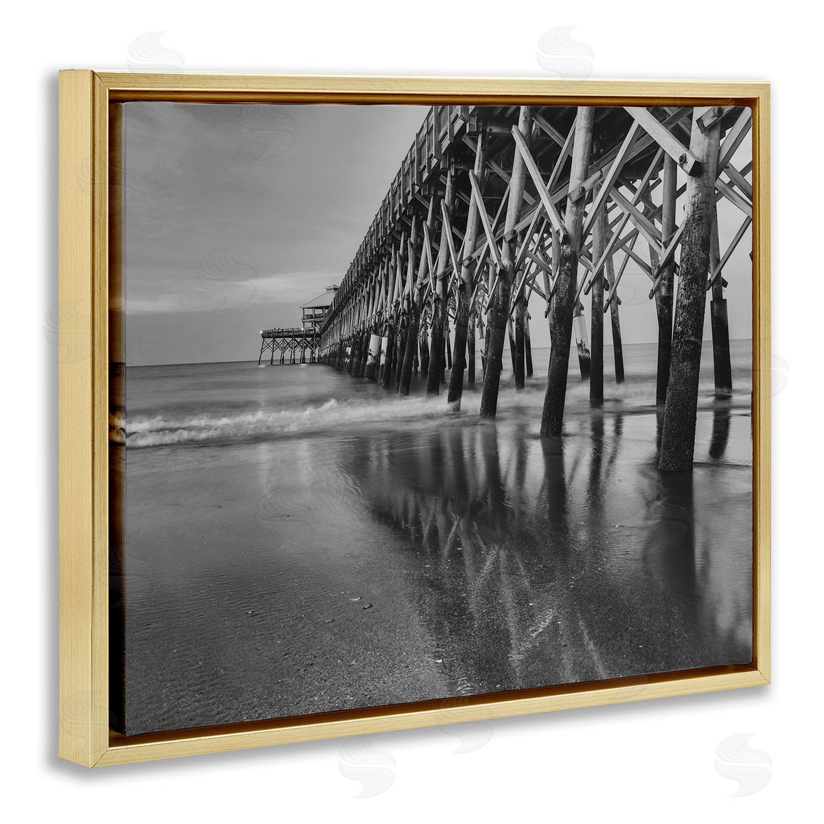 Daniel Sproul Grayscale Ocean Photography Tall Water Bridge Dock  Gold Floating Frame Canvas Wall Art Print