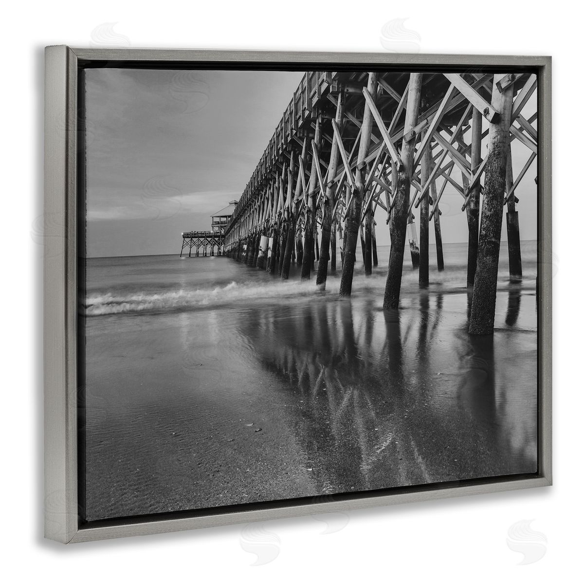 Daniel Sproul Grayscale Ocean Photography Tall Water Bridge Dock  Gray Floating Frame Canvas Wall Art Print