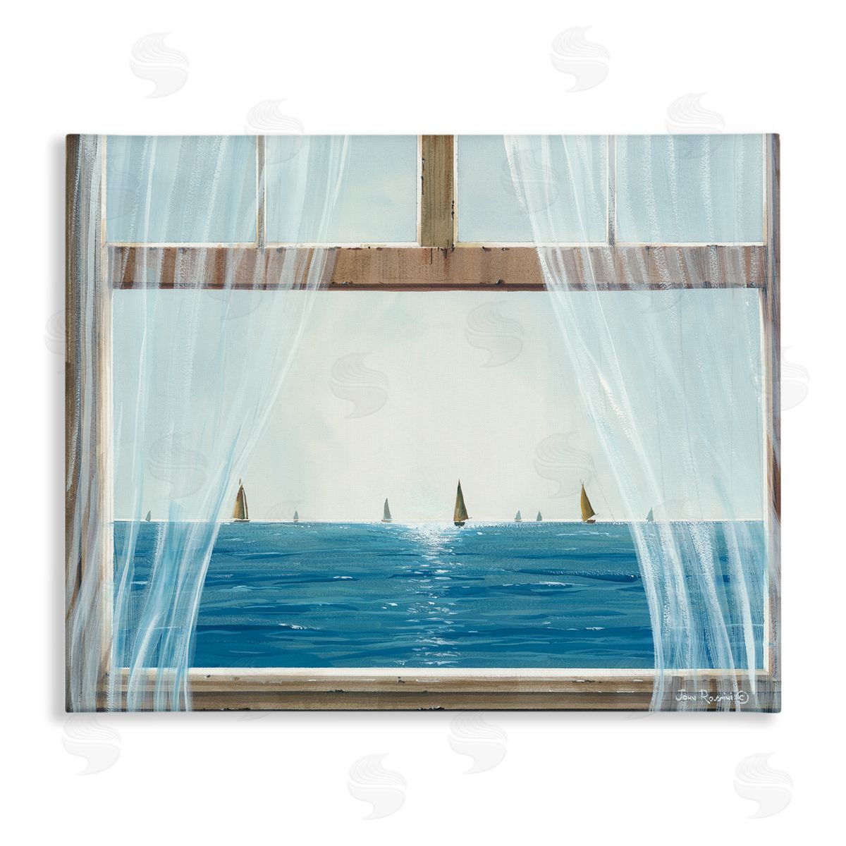 John Rossini Serene Beach House Window View Sailboats Ocean Stretched Canvas Wall Art Print