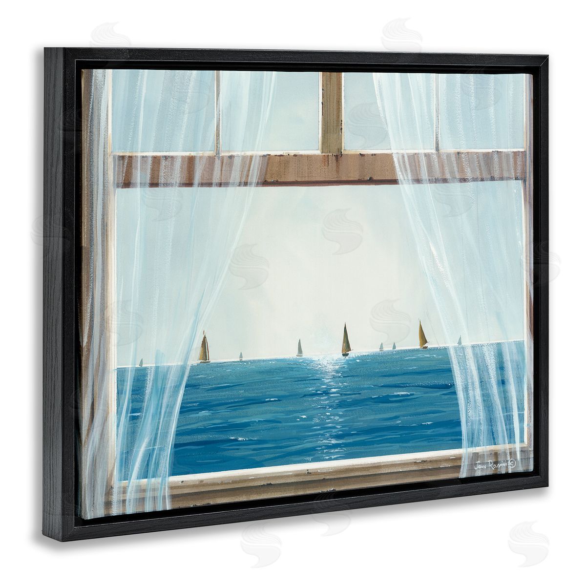 John Rossini Serene Beach House Window View Sailboats Ocean Black Floating Frame Canvas Wall Art Print